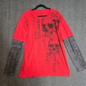 Vintage Y2K MMA Elite Shirt Mens XL Red Skull Layered Long Sleeve Tee Grunge